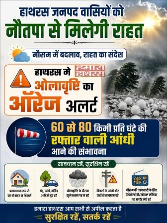 हाथरस जनपद वासियों को नौतपा से मिलेगी राहत, हाथरस में ओलावृष्टि का ऑरेंज अलर्ट, 60 से 80 किमी प्रति घंटे की रफ्तार वाली आंधी आने की संभावना