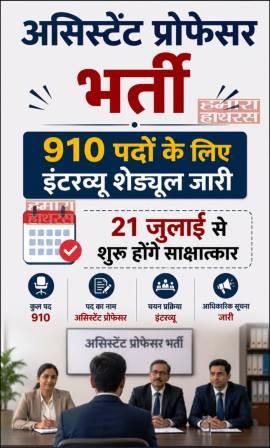 असिस्टेंट प्रोफेसर भर्ती : 910 पदों के लिए इंटरव्यू शेड्यूल जारी, 21 जुलाई से शुरू होंगे साक्षात्कार