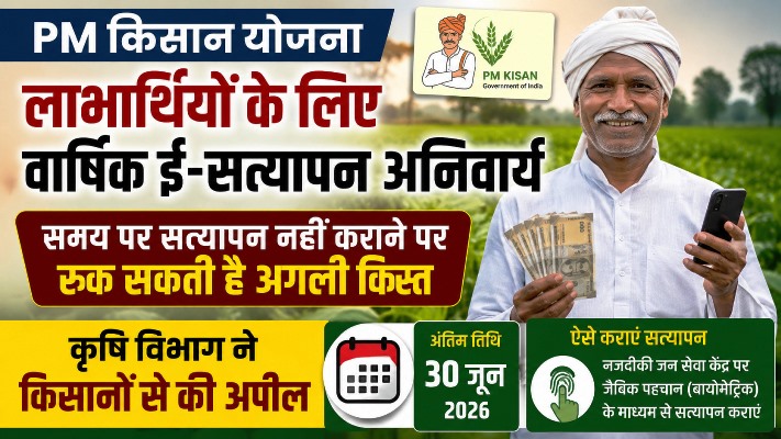 पीएम किसान योजना के लाभार्थियों के लिए वार्षिक ई-सत्यापन अनिवार्य, समय पर सत्यापन नहीं कराने पर रुक सकती है अगली किस्त, कृषि विभाग ने किसानों से की अपील