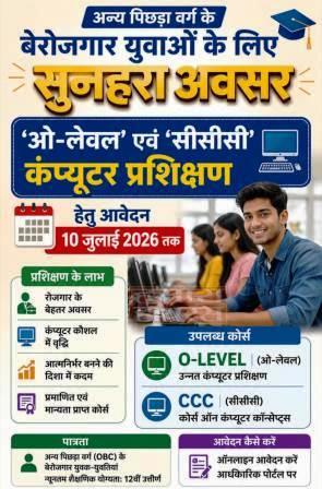 अन्य पिछड़ा वर्ग के बेरोजगार युवाओं के लिए सुनहरा अवसर, ‘ओ-लेवल’ एवं ‘सीसीसी’ कंप्यूटर प्रशिक्षण हेतु आवेदन 10 जुलाई तक