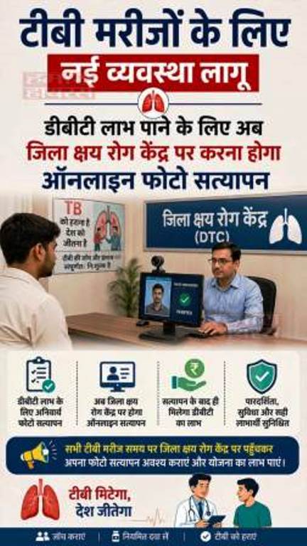 टीबी मरीजों के लिए नई व्यवस्था लागू, डीबीटी लाभ पाने के लिए अब जिला क्षय रोग केंद्र पर कराना होगा ऑनलाइन फोटो सत्यापन