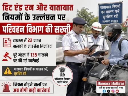 हिट एंड रन और यातायात नियमों के उल्लंघन पर परिवहन विभाग की सख्ती, हाथरस में 22 वाहन चालकों के लाइसेंस निलंबित, मंडल में 135 पर कार्रवाई