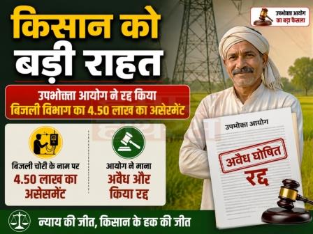 किसान को बड़ी राहत, उपभोक्ता आयोग ने रद्द किया बिजली विभाग का 4.50 लाख का असेसमेंट, बिजली चोरी के नाम पर 4.50 लाख का असेसमेंट, आयोग ने माना अवैध और किया रद्द