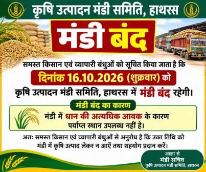 धान की अत्यधिक आवक के चलते 16 अक्टूबर को हाथरस मंडी बंद रहेगी